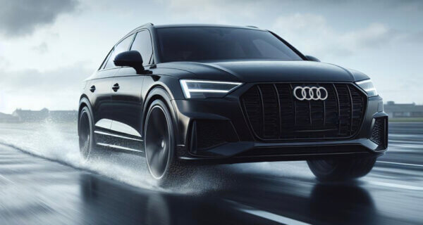 Audi Q4 driving on a very wet road in the ran sat on Audi Q4 Tyres