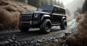 A Land Rover Defender on a UK forest track showing its one of the best 4x4s