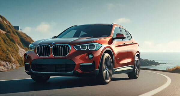 BMW X1 class driving on a coastal road in bright sunshine sat on BMW X1 Tyres