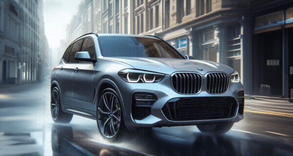 BMW X3 driving through a city in the rain sat on BMW X3 Tyres