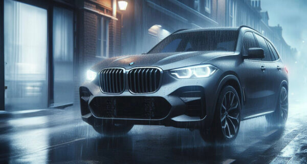 BMW X5 driving through a town at night in the rain sat on BMW X5 Tyres