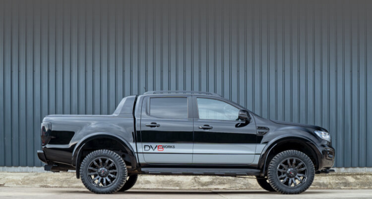A ford ranger black sat on after market alloy wheels by dv8 wheels