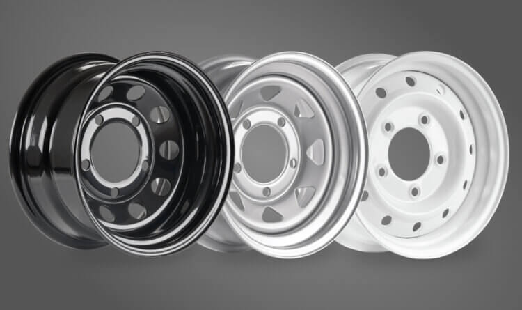Great choice of colours image showing wheels in black, silver and white for defender steel wheels