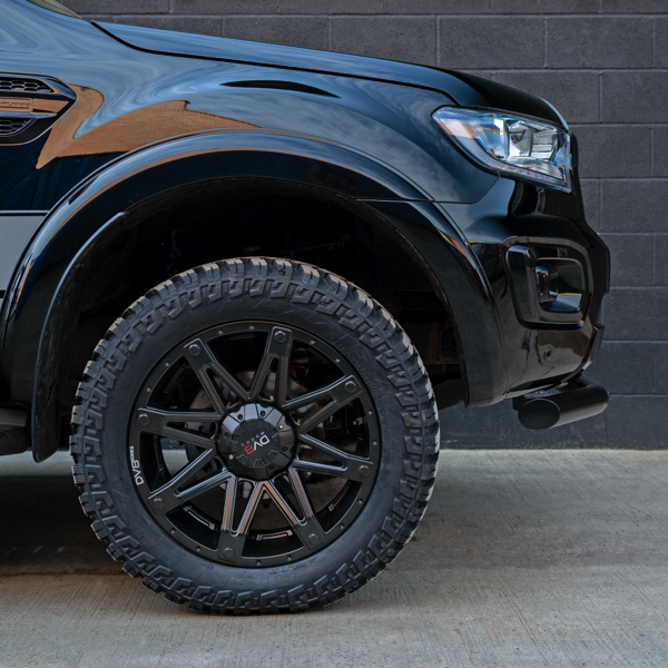 a black ford ranger sat on DV8 alloy wheels