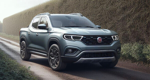 Fiat Fullback driving down a lane in the UK sat on Fiat Fullback Tyres