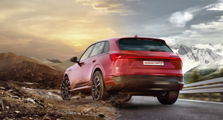 A SUV driving on different road conditions showing that the General Grabber Cross A/S has perfect Enhanced Wet and Snow Traction