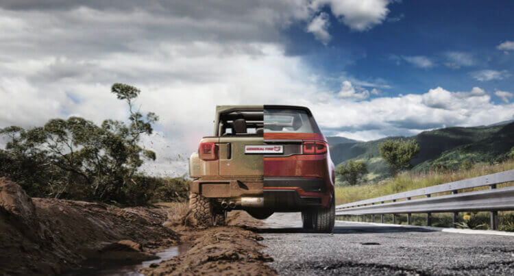 A Split screen to show on road and off road general grabber tires to illustrate general grabber mud terrain tyres