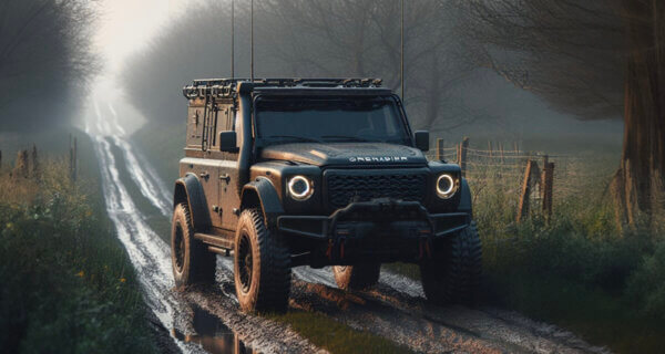 Ineos Grenadier driving on a very muddy track sat on Ineos Grenadier Tyres