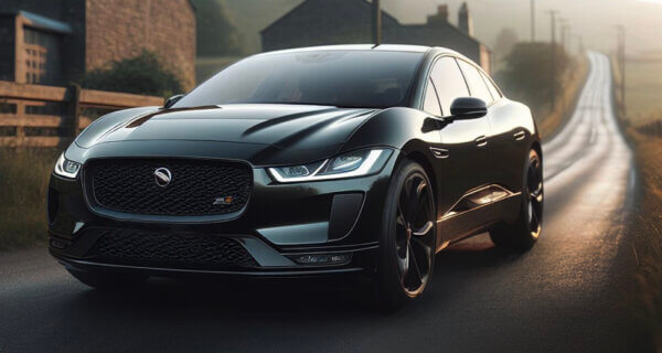 Jaguar I-Pace driving down an english country road