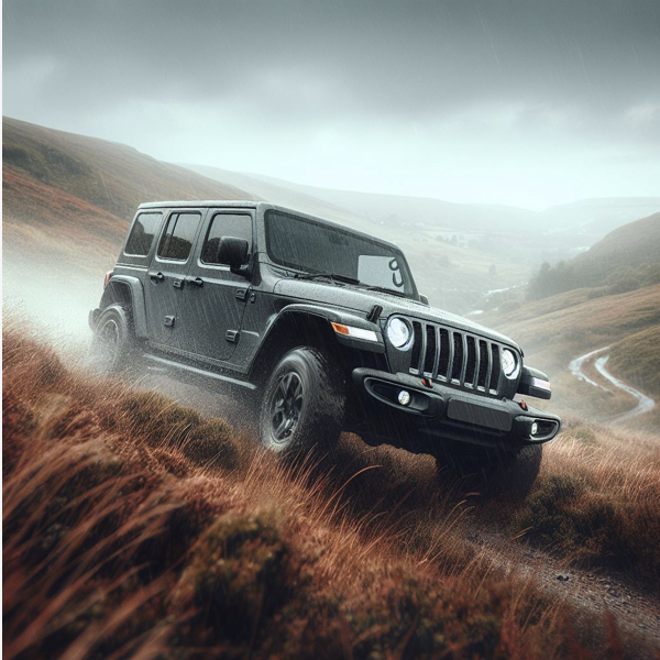 Jeep Wrangler on a hill on a dirt track in the rain sat on Jeep Wrangler Tyres