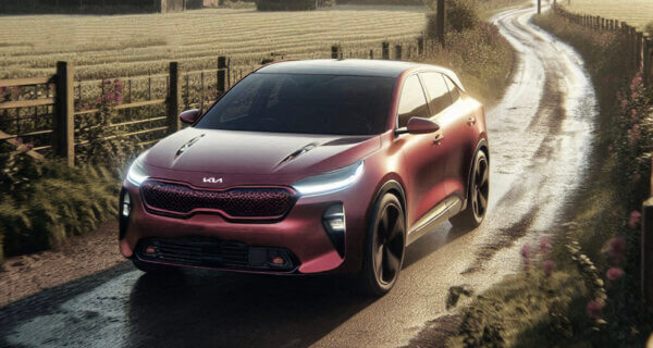 A Kia EV6 driving past a UK farm sat on Kia EV6 Outback Tyres