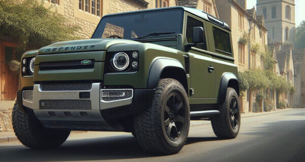 Land Rover Defender driving down an english town road sat on Land Rover Defender Tyres