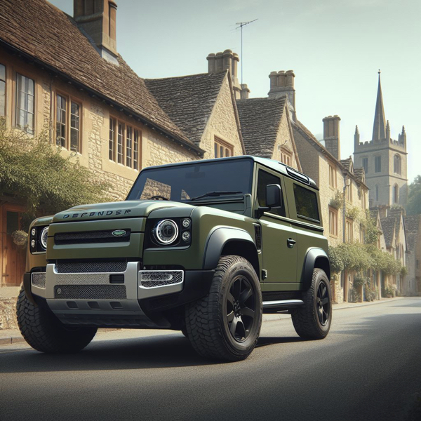Land Rover Defender driving down an english town road sat on Land Rover Defender Tyres