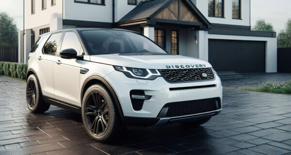 Land Rover Discovery Sport parked in front of a modern black and white house sat on Land Rover Discovery Sport Tyres
