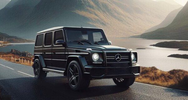 Mercedes G class driving past a loch in Scotland sat on Mercedes G class Tyres