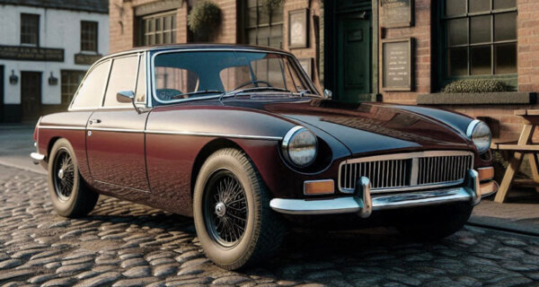 MGB parked outside a uk pub sat on MGB Tyres for classic car tyres