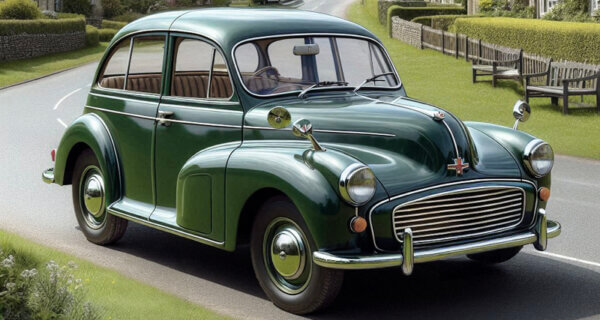 Morris Minor parked on a village green showing Morris Minor Tyres for classic car tyres