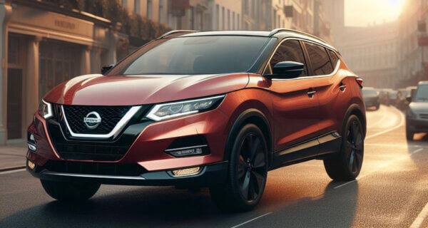 Nissan Qashqai driving down an english town road