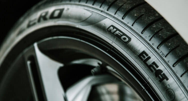 A Pirelli tyres for-electric cars close up shot of tyre on info