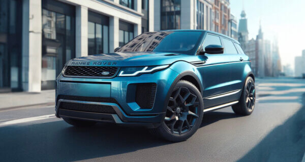 Range Rover Evoque 4x4 driving through a business district UK sat at on Range Rover-Evoque tyres