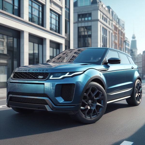 Range Rover Evoque 4x4 driving through a business district UK sat at on range rover evoque tyres