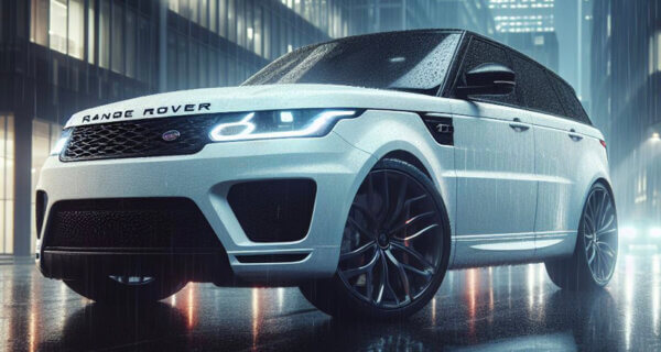 Range Rover Sport 4x4 driving through a business district at night in the rain in the UK sat at on Range Rover Sport tyres