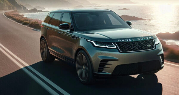 Range Rover Velar driving down a coastal road sat on Range Rover Velar Tyres