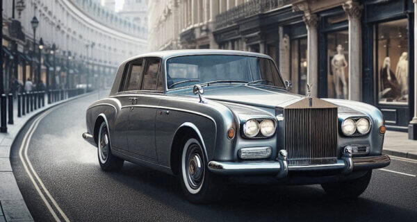 Rolls Royce Silver Shadow driving down a UK street showing its Rolls Royce Silver Shadow Tyres for classic car tyres