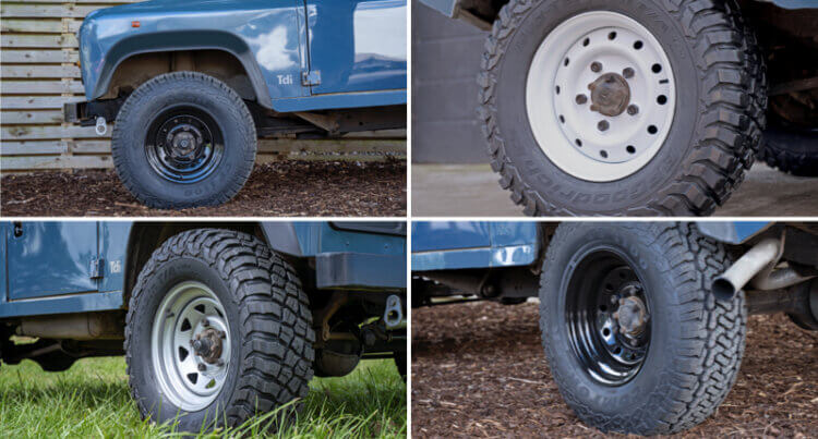 A cross section of land rover defender sat on steel wheels by tuff torque