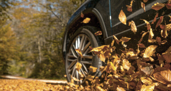 A SUV kicking up leafs on the road sat on - Road Tyres for the Ultimate Guide to Road Tyres