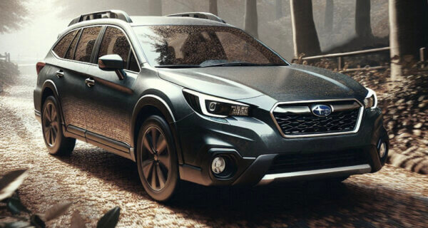 A Subaru Outback driving through a UK forest sat on Subaru Outback Tyres