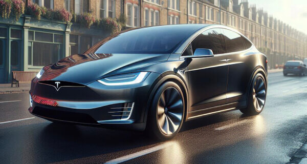 Tesla Model X driving down a street in the UK UK sat on Tesla Model X Tyres