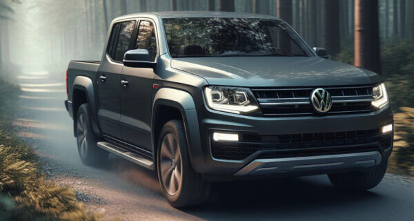 VW Amarok pickup driving through a forest sat on VW Amarok tyres