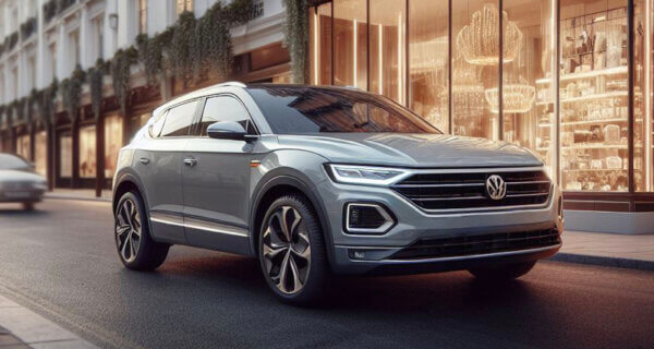 VW T-Roc driving through a smart looking town sat on VW T-Roc Tyres